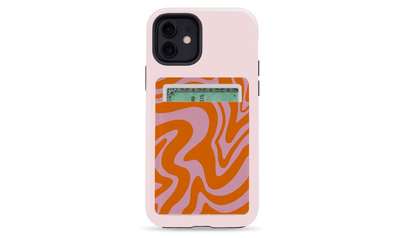 Abstract Wave Unique Phone Card Holder Wallet Aesthetic Y2K Swirl Vegan Sustainable Eco Paper Leather Credit Card Holder Pink Orange Portrait - 1 Card