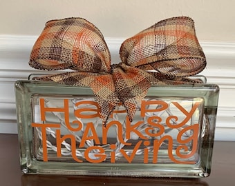 Thanksgiving Decoration/Thanksgiving Gift/Autumn Decoration/Fall Decoration/Thanksgiving Hostess Gift/Thanksgiving Lighted Glass Block (8in)