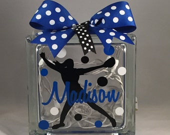 Girls Customized/Personalized Softball Lighted Glass Block Nightlight (6-inch)