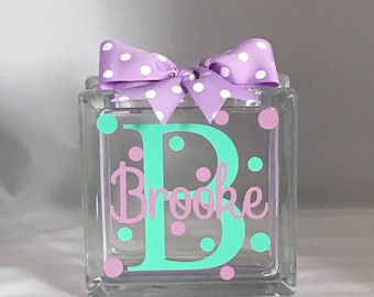 Personalized Bank/Girls Personalized Bank/Girls Personalized Piggy Bank/Girls Gift/Girls Personalized Glass Block Money Bank (6-inch)