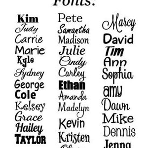 Pu&ograve; includere: Un elenco di nomi in diversi font, tra cui Kim, Pete, Marcy, Carrie, Madison, David, Marie, Julie, Tim, Kyle, Cindy, Ann, Sydney, Carley, Sophia, George, Ethan, Cole, Amanda, amy, Kelsey, Madelyn, Dawn, Grace, Kevin, Mike, Hailey, Kristen, Dennis, TAYLOR, Olivia e Jenna.
