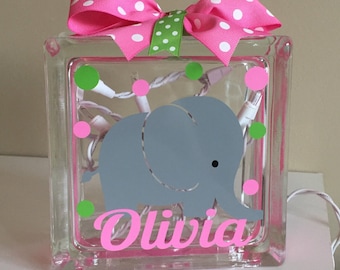 Baby/Baby's/Babies Customized/Personalized Elephant Lighted Glass Block Nightlight (6-inch)