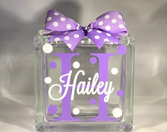 Personalized Bank/Girls Personalized Bank/Girls Personalized Piggy Bank/Girls Gift/Girls Personalized Glass Block Money Bank (6-inch)