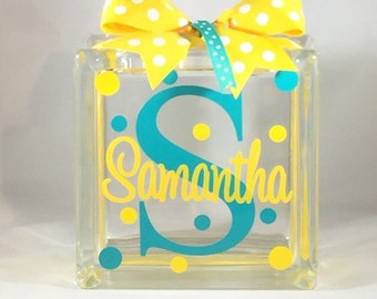 Personalized Bank/Girls Personalized Bank/Girls Personalized Piggy Bank/Girls Gift/Girls Personalized Glass Block Money Bank (6-inch)