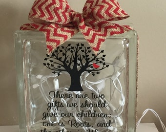 Decorative Lighted Glass Block - "Roots and Wings" (8 inch)