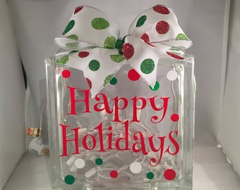HAPPY HOLIDAYS/Christmas Lighted Glass Block