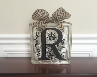 Custom Decorative Home Decor Monogram Inital Lighted Glass Block (8 inch)