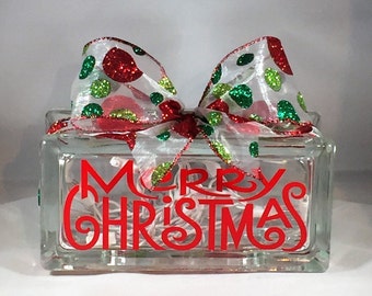 MERRY CHRISTMAS/Happy Holidays Rectangular Lighted Glass Block