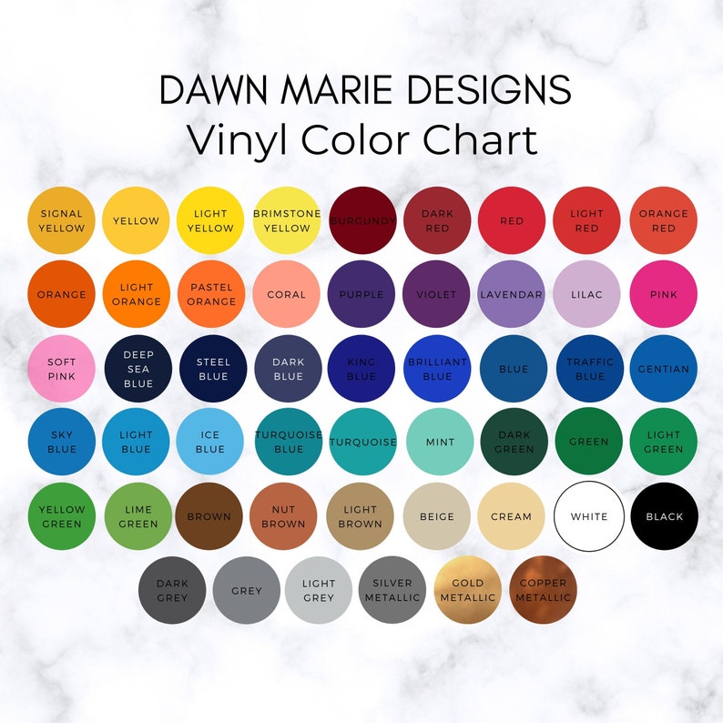 May include: Vinyl color chart with a variety of colors, including signal yellow, light yellow, brimstome yellow, burgundy, dark red, red, light red, orange red, light orange, pastel orange, coral, purple, violet, lavendar, lilac, pink, soft pink, deep sea blue, steel blue, dark blue, king blue, brilliant blue, blue, traffic blue, gentian blue, sky blue, light blue, ice blue, turquoise blue, turquoise, mint, dark green, green, light green, yellow green, lime green, brown, nut brown, light brown, beige, cream, white, black, dark grey, grey, light grey, silver metallic, gold metallic, and copper metallic.