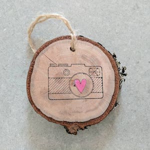 FREE SHIPPING Gift Photographer Photographer Camera Ornament Camera w Heart Rustic Camera Wood Slice Ornament Log Slice Ornament image 5