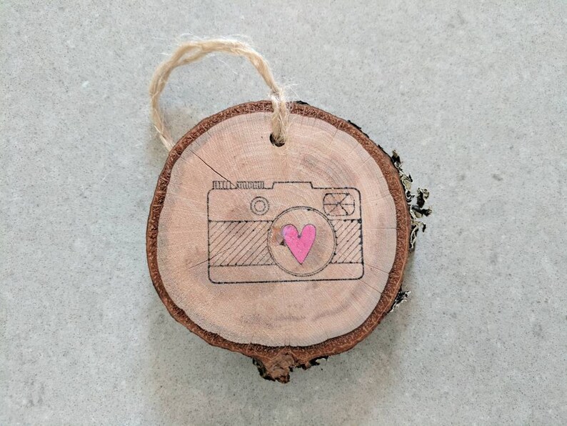 FREE SHIPPING Gift Photographer Photographer Camera Ornament Camera w Heart Rustic Camera Wood Slice Ornament Log Slice Ornament image 5