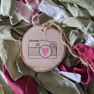 FREE SHIPPING Gift Photographer Photographer Camera Ornament Camera w Heart Rustic Camera Wood Slice Ornament Log Slice Ornament image 10