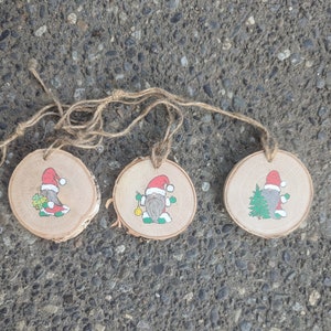 Gnome Hand painted Ornaments | Set of three | Free Shipping | Little Christmas Gnomes on Birch Wood Slice |