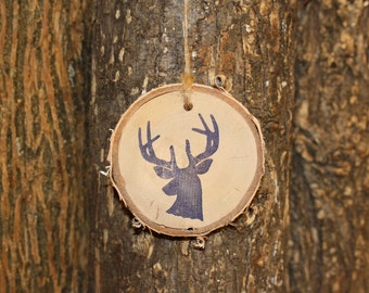 Deer Ornament - Unique Rustic Birch Log Slice Ornament- Deer Head Stamp