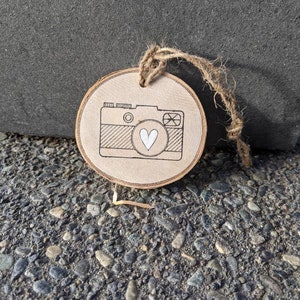 FREE SHIPPING Gift Photographer Photographer Camera Ornament Camera w Heart Rustic Camera Wood Slice Ornament Log Slice Ornament image 9