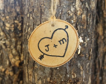 Rustic Wedding Decorations - Heart Initials In Birch Log Slice Ornament- Set of 10 - Tree Initials - Tree Carving - Tree Heart