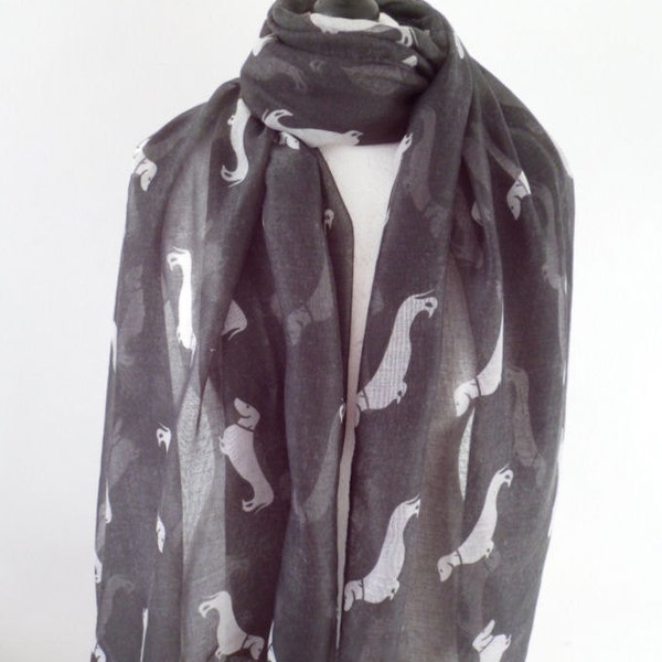 Large dog design scarf in black/white/shawl/wrap/sausage dogdachshund/charcoal