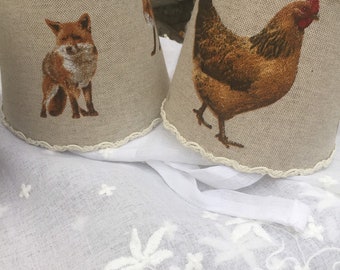 Handmade lampshades with pheasants design, fox design or hen design, French cockerel, hedgehog design