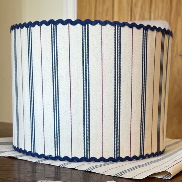 Handmade French ticking lampshade linen stripe fabric for table lamps. Cream, navy and red stripe. Drum lampshade home decor.