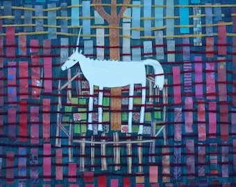 May include: A white unicorn stands in a colorful woven tapestry with red, blue, and yellow threads. The tapestry is made of various fabric scraps and has a green background. The unicorn is outlined in black and has a brown tree behind it. The text "laurie miller horak '14" is in the bottom right corner.