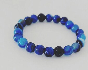 Blue Agate Gemstone Beaded Bracelet, Handmade Bracelets, Chakra Bracelets, Handmade Jewelry, Blue Bracelets