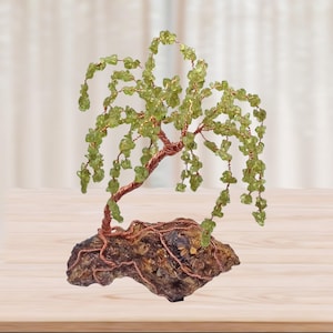 Peridoto, sauce llorón, 14 cm, árbol, escultura, piedra preciosa, espécimen, bonsái, n.° 2047