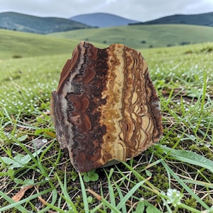 Puede incluir: Una piedra natural con múltiples tonos, con capas de tonos marrones, beige y crema. La piedra se encuentra sobre hierba verde, con un telón de fondo de colinas onduladas y un cielo nublado. La textura y los colores distintivos de la piedra la convierten en un espécimen natural atractivo.
