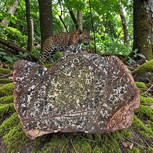 May include: A large, irregularly shaped rock with a complex pattern of brown, white, and green spots and lines. The rock is set against a backdrop of green moss and trees, with a jaguar in the background.