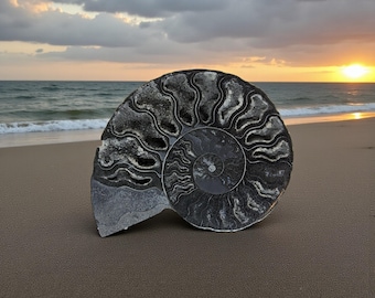 Op de afbeelding: Een groot, gepolijst ammonietfossiel met een spiraalpatroon, in tinten grijs en wit, ligt op een zandstrand. De achtergrond toont de oceaan, een zonsondergang en een bewolkte lucht, wat een natuurlijke, serene scène creëert.
