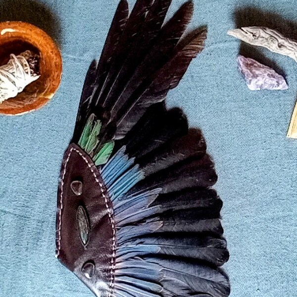 Spiritual Wing Smudge Fan, Shamanic Ceremony Tool with Sacred Feathers for Energy Clearing