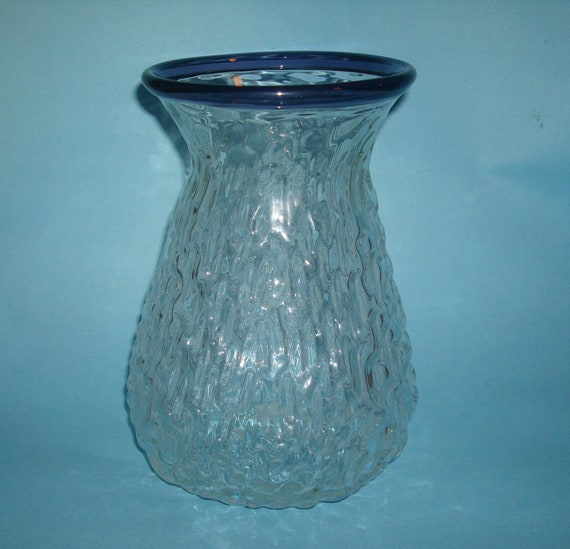 Textured Blenko Glass Vase Clear With Purple Edge - Blenko Glass Vase Textured Blenko Glass Vase Clear With Purple Edge - Blenko Glass Vase