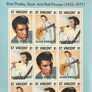 May include: A sheet of nine postage stamps featuring Elvis Presley, the Rock and Roll Pioneer. Each stamp depicts a different image of Elvis, including him singing with a microphone, playing a guitar, and a close-up portrait. The stamps are from St. Vincent and the Grenadines and commemorate the 150th anniversary of Elvis Presley's birth.