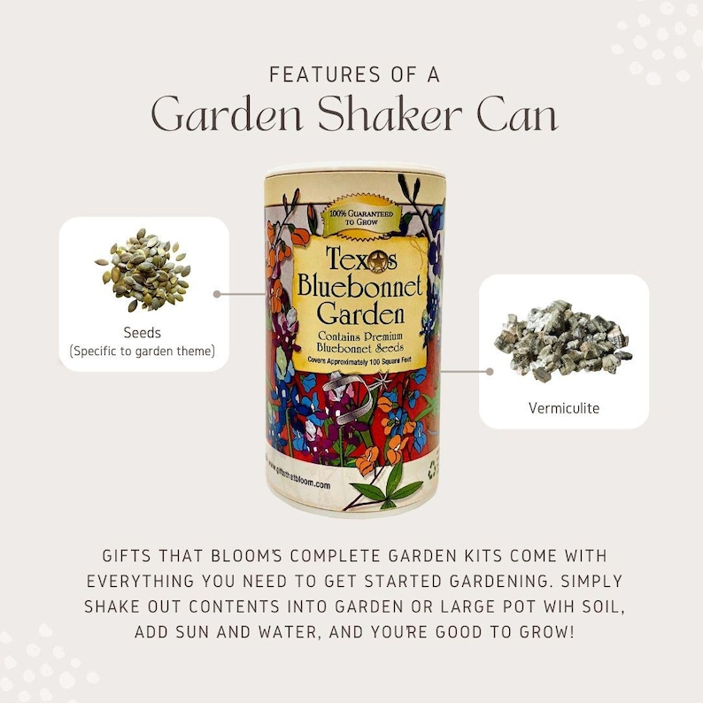 May include: A metal garden shaker can with a colorful label that says "Texas Bluebonnet Garden". The can contains seeds and vermiculite, which are visible in the image. The can is 100% guaranteed to grow.