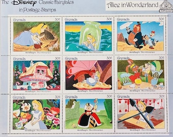 Vintage Disney "Alice in Wonderland" Stamp Collectible Sheet Set of 9 Stamps