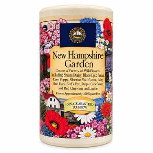 May include: A cylindrical container of New Hampshire Garden wildflower seeds featuring a colorful floral print with red poppies, white daisies, and blue flowers. The label includes the state seal, text listing flower varieties, and a 100% guaranteed to grow badge.