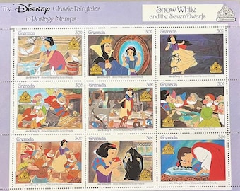 May include: A sheet of nine postage stamps featuring scenes from the Disney classic fairytale Snow White and the Seven Dwarfs. The stamps are from Grenada and feature the text "The Disney Classic Fairytales in Postage Stamps" and "Snow White and the Seven Dwarfs".