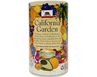 May include: A white cylindrical container with a colorful illustration of flowers, a bear, and a bridge. The container is labeled "California Garden" and contains wildflower seeds native to California. The text on the container states that the seeds cover approximately 100 square feet and are 100% guaranteed to grow.