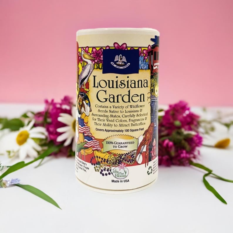 May include: A colorful can of Louisiana Garden wildflower seeds. The can features a pelican, a crawfish, and a fleur-de-lis. The text on the can reads "Louisiana Garden" and "Contains a Variety of Wildflower Seeds Native to Louisiana & Surrounding States, Carefully Selected for Their Vivid Colors, Fragrances & Their Ability to Attract Butterflies. Covers Approximately 100 Square Feet."