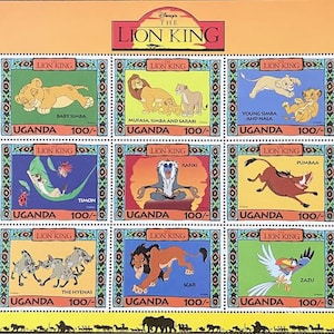 Vintage Disney &quot;The Lion King&quot; Stamp Collectible Sheet Set of 9 Stamps