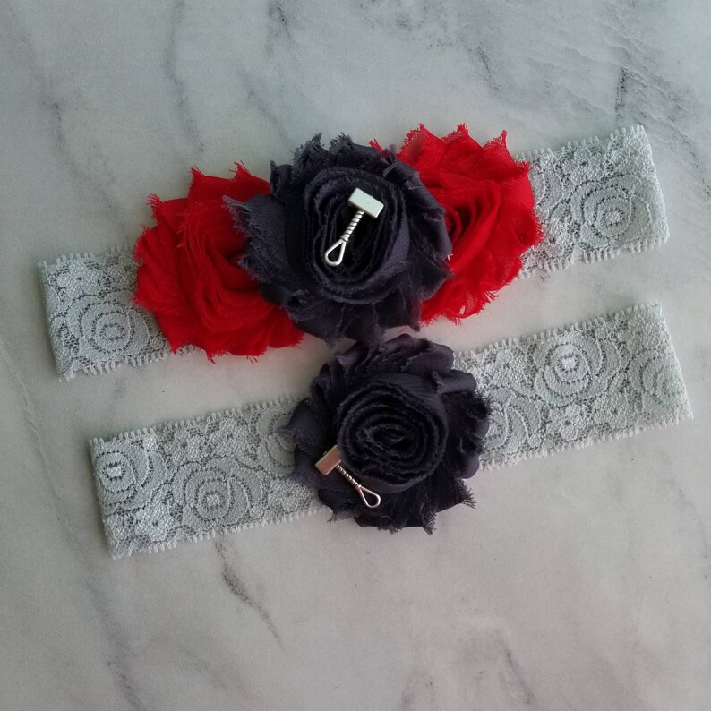 Superhero Wedding garter Thor Garters Super Hero Bridal Garter Set Charcoal gray garters Garters Thor Red Garter Belt Avengers Garters