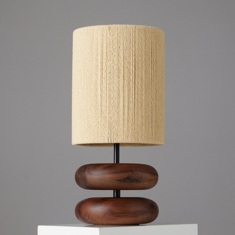 River Rock Lamp Walnut Wood Lamp Base Reclaimed Wood Table Lamp Turned Wood image 1