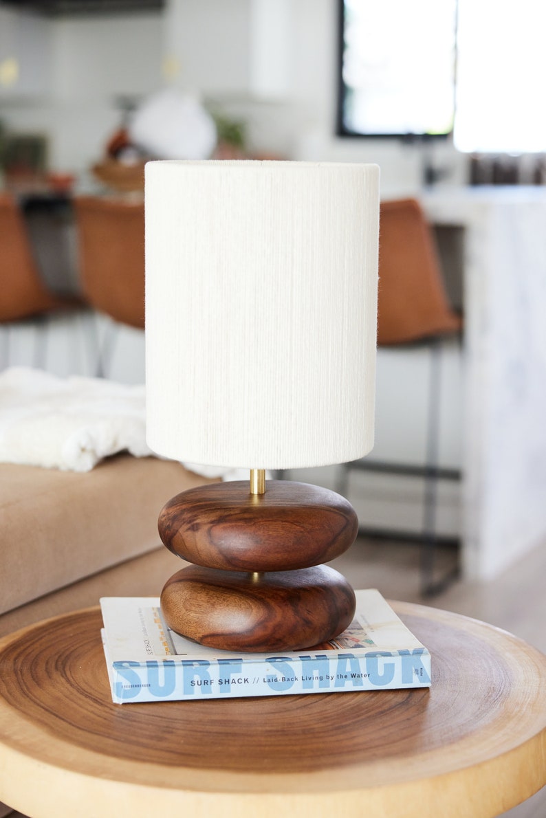 River Rock Lamp Walnut Wood Lamp Base Reclaimed Wood Table Lamp Turned Wood zdjęcie 7