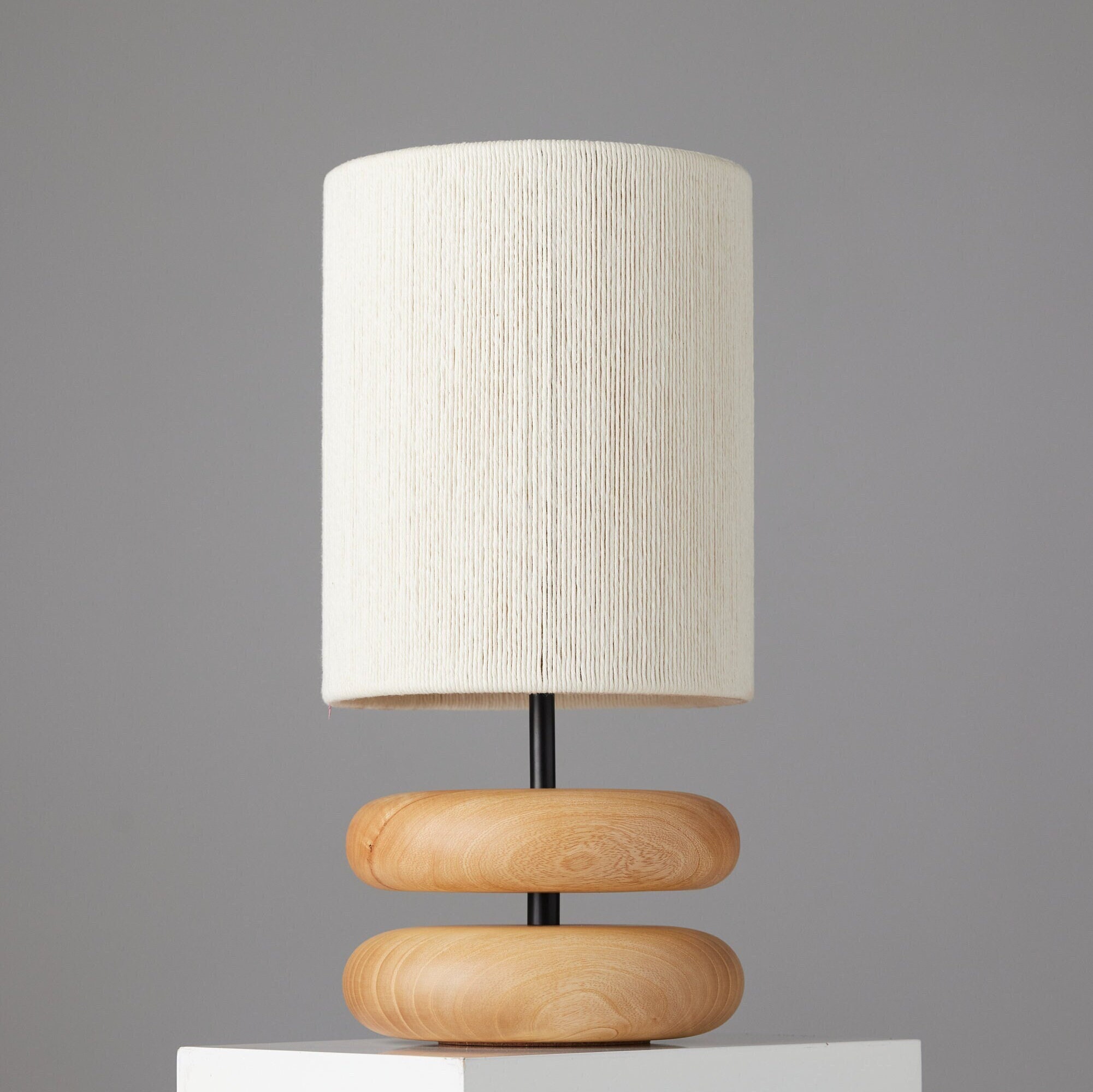 River Rock Lamp Ash | Wood Lamp | Reclaimed Wood | Table Lamp | Turned Wood | Hand Strung Lampshade