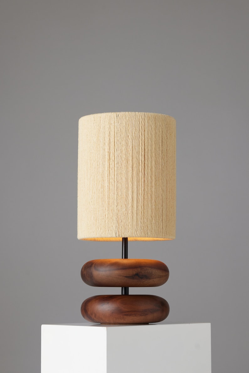 River Rock Lamp Walnut Wood Lamp Base Reclaimed Wood Table Lamp Turned Wood image 2