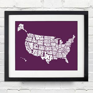 Vereinigte Staaten Wort Karte - weiß auf lila (Zwetschge) - INSTANT DOWNLOAD - A Typographic Word anzeigen von The Vereinigten Staaten von Amerika - 8 x 10, druckbare Geschenk