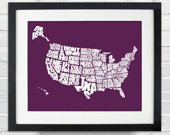 USA Word Map - White on Purple (plum) - INSTANT DOWNLOAD - A Typographic Word Map of The United States of America - 8x10, Printable Gift