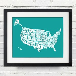 Karte der USA Word - weiß auf Türkis - sofort-DOWNLOAD - Worts typografische Landkarte der Vereinigten Staaten von Amerika - 8 x 10, druckbare Geschenk