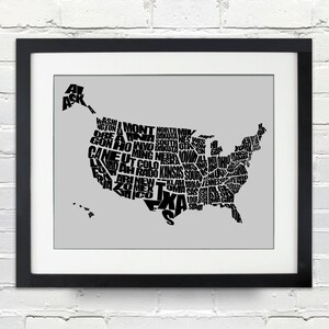 Word kaart - zwarte op grijs (graniet) - INSTANT downloaden - A typografische Word kaart van de V.S. van de Verenigde Staten van Amerika - 8 x 10, Printable Gift