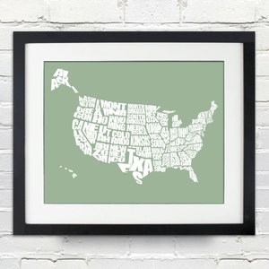USA Word - weiß auf grün (Seafoam) - INSTANT DOWNLOAD - A Typographic Wort Karte von The Vereinigten Staaten von Amerika - 8 x 10, druckbare Geschenk