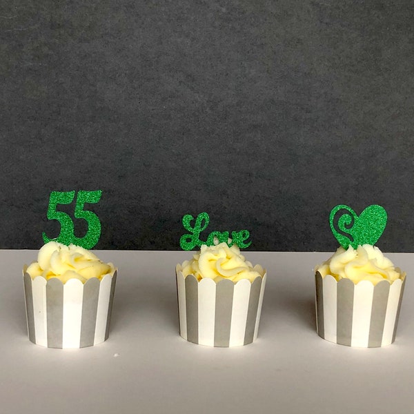 Emerald 55th anniversary 12 x cupcake toppers, 55th, heart, love.